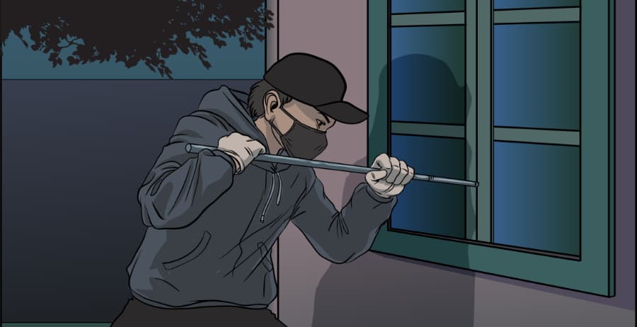 Illustration of burglar forcing entry through a window in The Woodlands